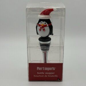 Pier 1 Imports Art Glass Penguin Wine Bottle Stopper Christmas Holiday Santa Hat